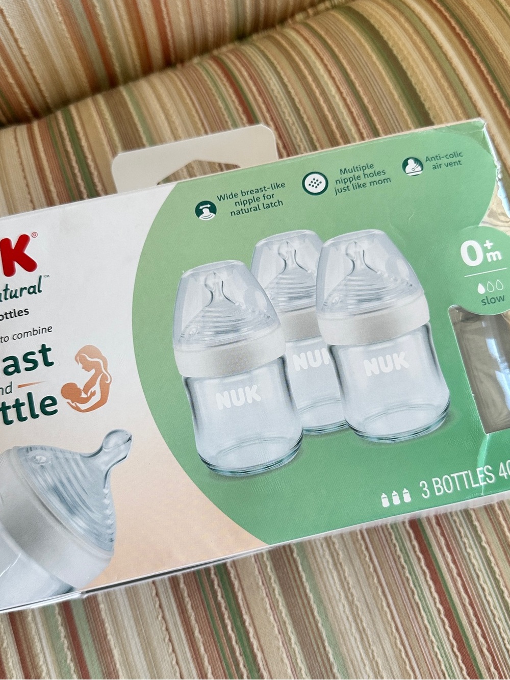 NUK Simply Natural Glass Baby Bottle Set 3x 4oz/120ml Slow Flow Wide Nipple 0m+